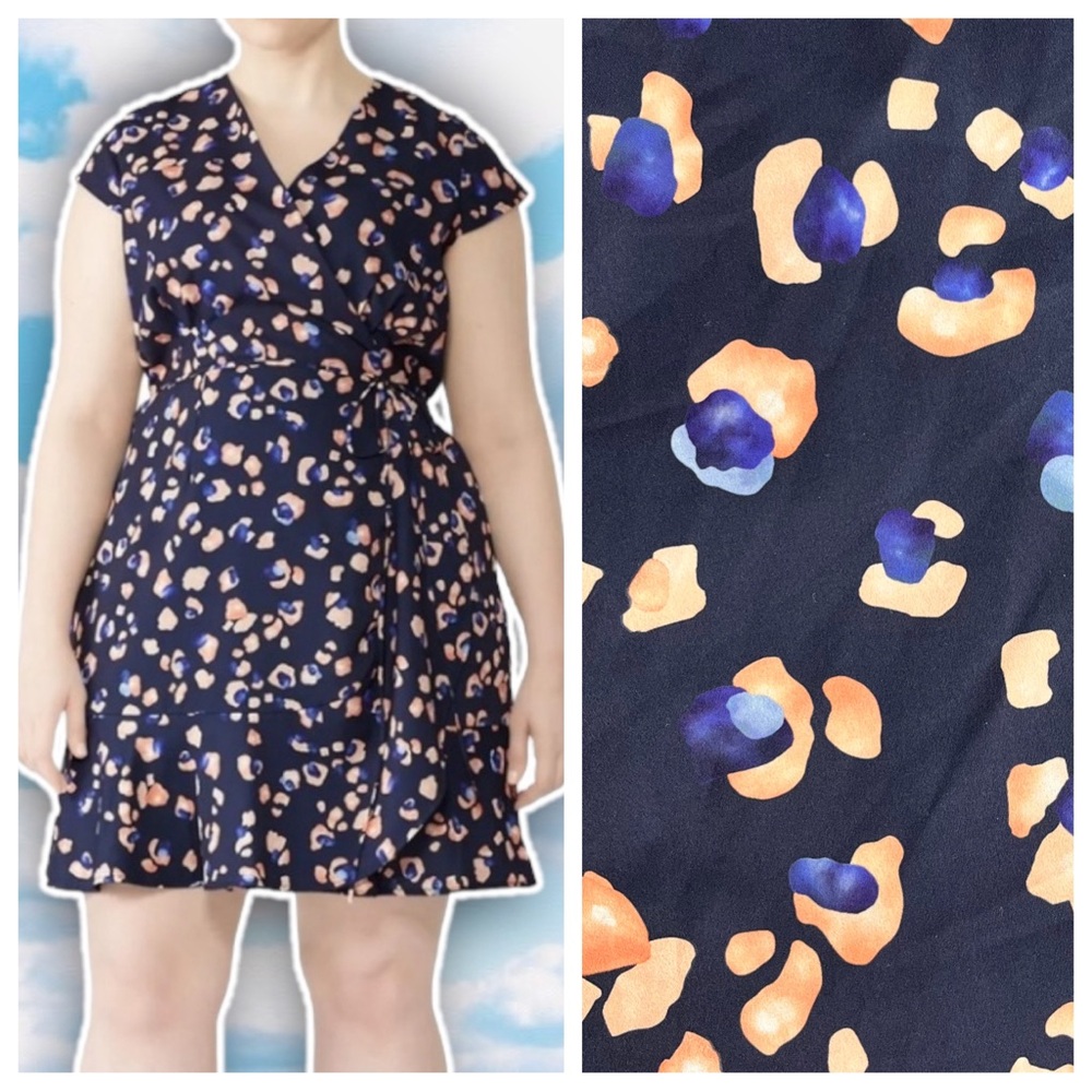 Hutch Navy Wrap Mini Dress with Orange and Blue Spots